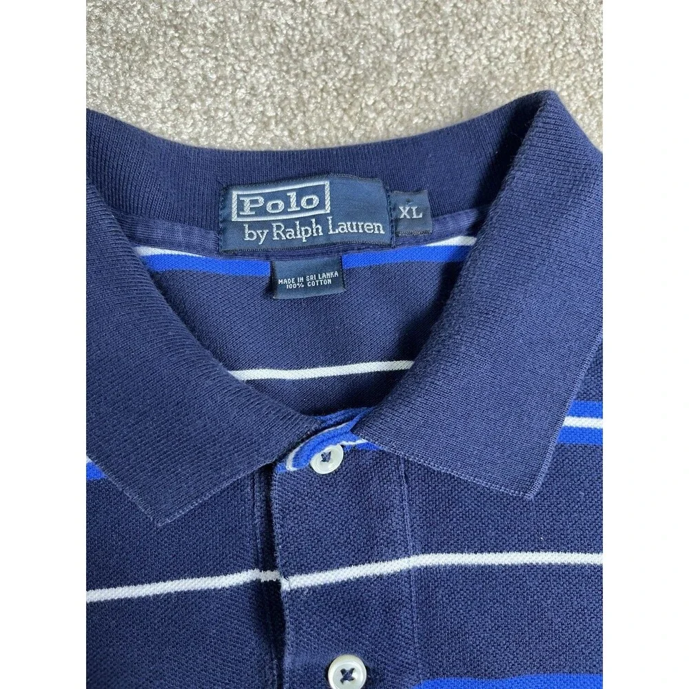VTG 90s Y2K Polo Ralph Lauren Men's XL Polo Shirt Navy Blue Striped Short Sleeve